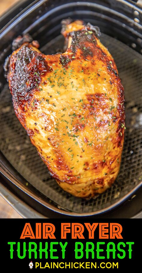 Air Fryer Turkey Breast - hands down the best turkey I've ever eaten. SO tender and juicy. Cooks in under an hour! Bone-in turkey breast marinated in Italian dressing and Worcestershire sauce and cooked in the air fryer. Perfect for the holidays or any day of the week. The turkey meat is great for your holiday meal, casseroles, soups, and sandwiches. A must if you have an air fryer! #airfryer #thanksgiving #turkey #turkeybreast #christmas Air Fryer Bone In Turkey Breast, Turkey Breast In The Air Fryer, Air Fried Turkey Breast, Air Fryer Turkey Breast Bone In, Turkey Breast Air Fryer Recipe, Airfryer Turkey Breast, Air Fry Turkey Breast, Airfry Turkey, Turkey Air Fryer Recipes