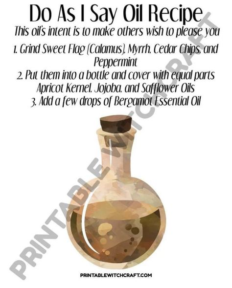 Do As I Say Oil Recipe, Spiritual Oil Recipes, Hoodoo Oils How To Make, Come To Me Oil Recipe Hoodoo, Spell Oils Recipe, Cursing Oil Recipe, Magick Oil Recipes, Magical Oils Recipes, Hoodoo Oil Recipes