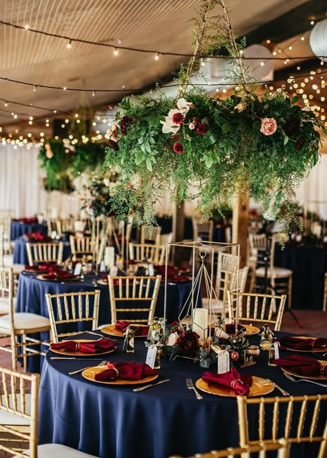 Burgundy Napkins, Navy And Burgundy Wedding, Navy Blue And Gold Wedding, Boho Wedding Centerpieces, Hanging Greenery, Disney Inspired Wedding, Enchanting Wedding, Rustic Elegant Wedding, Elegant Wedding Venues