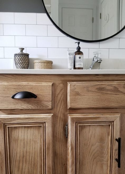 My 2 Days 200 Dollars Challenge | Showit Blog Easy Bathroom Updates, Honey Oak Cabinets, 200 Dollars, Redo Cabinets, Oak Bathroom Vanity, Vanity Makeover, Budget Bathroom Remodel, Oak Bathroom, Cabinets Diy