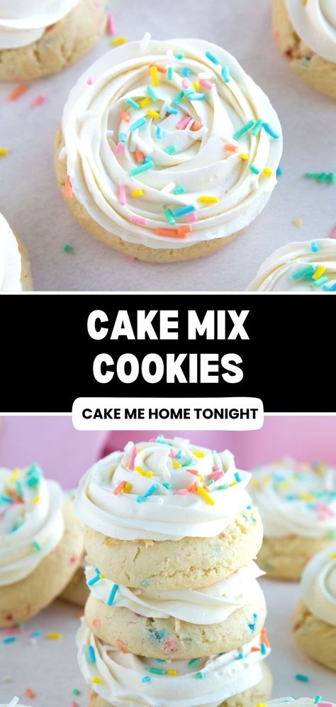 These cookies are made from a box cake mix. They are soft, cakey, and delicious! An easy cookie recipe! Cake Me Home Tonight, Homemade Frosting Recipes, Birthday Recipes, Cake Box Cookies, Easy Cookie Recipe, Boxed Cake Mixes Recipes, Spring Recipes Dessert, Sugar Cookie Cakes, Make Birthday Cake