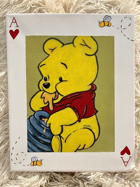 Winnie Pooh Painting, Winnie The Pooh Painting Ideas, Winnie The Pooh Painting Canvases Easy, Pooh Bear Painting, Winnie The Pooh Paintings, Winnie The Pooh Canvas Painting, Cute Painting For Boyfriend, Playing Card Painting Ideas, Painting Disney Characters