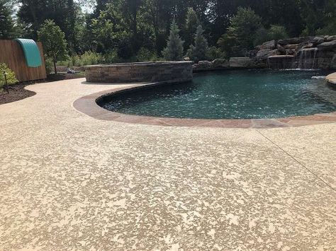 Pool Deck Coatings & Cool Decking FREE QUOTE! A+ Concrete contractor specializes in pool deck overlays: stained, stamped & spray knockdown Pool Deck Overlay, Painted Pool Deck, Pool Deck Resurfacing, Concrete Pool Deck, Deck Resurfacing, Pool Resurfacing, Concrete Deck, Deck Flooring, Swimming Pool Decks