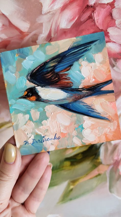 Swallow Art Painting, Swallow Painting Acrylic, Bird Paintings On Canvas Oil, Spanish Mural, Birds Flying Painting, Swallow Bird Painting, Swallow Painting, Oil Painting Birds Canvases, Small Birds Acrylic Painting