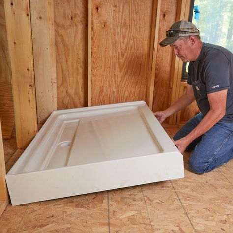 How to Fit a Shower Tray (DIY) | Family Handyman How To Tile A Shower Diy, Tile Over Shower Pan, Diy Shower Pan How To Build, Diy Shower Pan, Shower Base Installation, Shower Bases Pan, Installing Shower Pan, How To Install Shower Pan, Shower Pan Installation