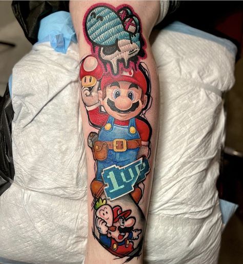 Mario And Luigi Tattoo, Super Mario Tattoo, Pop Culture Tattoos, Nintendo Tattoo, Mario Tattoo, 90s Tattoos, Culture Tattoos, Gamer Tattoos, Nostalgic 90s