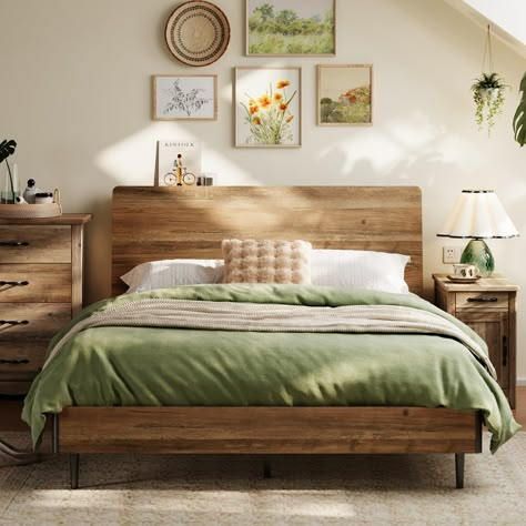 PRICES MAY VARY. Wood Sturdy & Durable Design: The LINSY Queen bed frame is built to last, featuring 7 heavy-duty reinforced metal legs and 14 wooden slats. It supports up to 1500 pounds and offers ample under-bed storage, ensuring robust durability and stability Dimension： 88.46”L*62.2 ”W*40.9”H ( Suitable for 80” x 60” Mattress） Ergonomic Headboard: Elevate your comfort with our wood bed frame queen size featuring a 95-degree tilted headboard. This design promotes a healthy posture, providing Bedroom Decor Oak Furniture, Lake House Bedroom Furniture, Boho Wood Furniture, Scandinavian Farmhouse Bedroom, White And Oak Bedroom, Light Wooden Bed, Bedroom Beds & Frames, Wood Bed Frame Ideas, Bedroom Inspirations Dark Wood