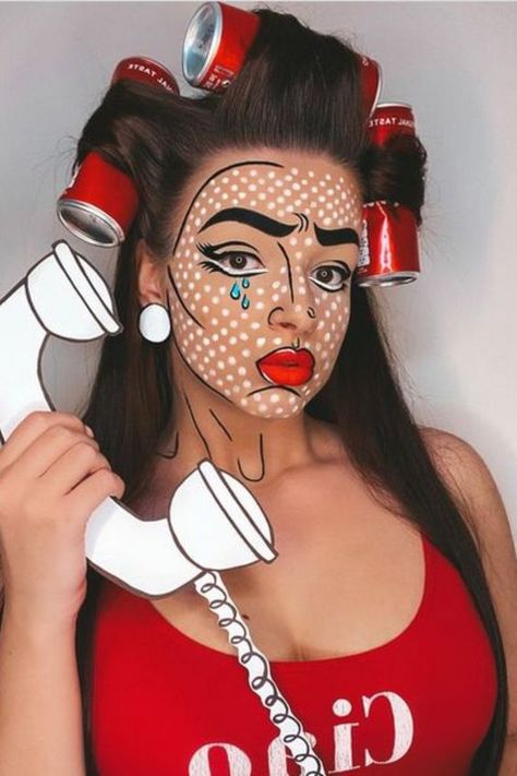 Halloween Costumes Comic Pop Art, Popart Halloween Makeup, Pop Art Body Painting, Comic Book Character Costume, Comics Makeup Pop Art, Pop Art Makeup Ideas, Art Makeup Ideas, Pop Art Makeup Tutorial, Pop Art Halloween Costume