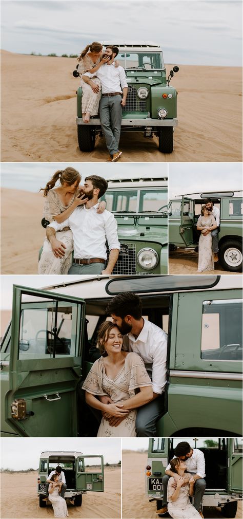 Land Rover Photoshoot, Land Rover Wedding, Land Rover Defender Wedding, Family Photos With Car, Adventure Couple Photography, Jeep Engagement Pictures, Shooting Couple, Vintage Engagement Photos, Family Nature