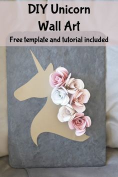 DIY Unicorn Wall Art - tutorial for Unicorn wall decoration idea with free cutout template and rolled roses instructions Diy Unicorn Wall Decor, Diy Unicorn Wall Art, Decoration With Paper, Unicorn Centerpiece, Unicorn Frame, Unicorn Wall Decor, Paper Rose Template, Unicorn Room Decor, Unicorn Room