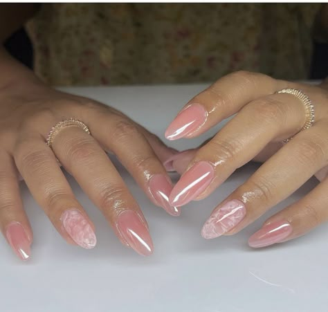 Pink Pearlescent Acrylic Nails, Jelly Nail Extensions, Pearly Nails Pink, Pink Clear Acrylic Nails, Pink Pearl Nails, Translucent Pink Nails, Pink Jelly Nails, Clear Nail Designs, Almond Acrylic Nails Designs