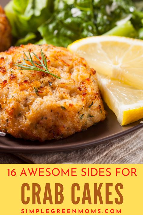 two crab cakes on plate with lemon slices Sides For Crab Cakes, Sides For Crab, Crab Cake Sides, Amazing Side Dishes, Delicious Side Dishes, Crab Cake Recipes, Vegetable Side Dishes Recipes, Crab Cake, Healthy Food Recipes Clean Eating