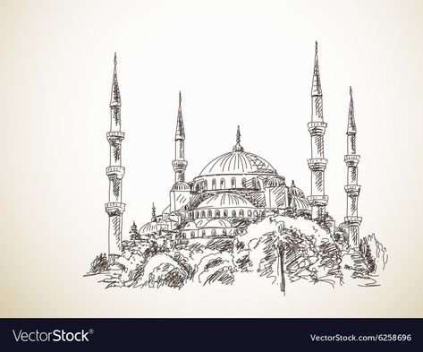 Mosque Pencil Sketch, Blue Mosque Sketch, Eid Sketch, Istanbul Sketch, Arabic Pictures, Mosque Drawing, Window Sketch, Blue Mosque Istanbul, Mosque Vector