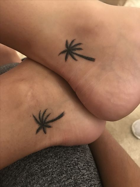 matching palm tree ankle tattoo Palm Tree Matching Tattoo, Ankle Tattoo Palm Tree, Palm Tree Tattoo On Ankle, Wrist Palm Tree Tattoo, Side Ankle Tattoo, Matching Ankle Tattoos, Tree Tattoo Ankle, Palm Tree Tattoo Ankle, Palm Tattoo