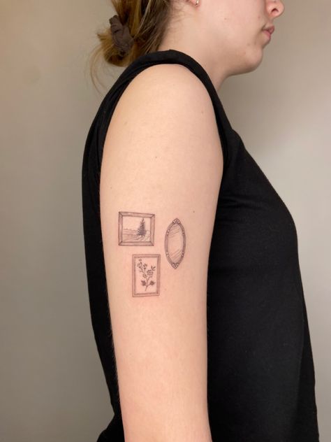 Photo Frame Tattoo Design, Small Picture Frame Tattoo, Square Tattoos Frame, Framed Minimalist Tattoo, Small Frame Tattoo, Old Frame Tattoo, Framed Picture Tattoo, Tattoo Square Frame, Framed Painting Tattoo