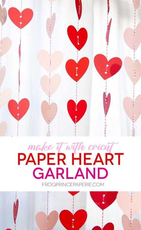 Want an easy Valentine craft that makes a big bang? This paper heart garland you can make with your Cricut is EASY and FAST! Valentines Day Paper Crafts Cricut, Cricut Valentines Decorations, Cricut Heart Projects, Diy Cricut Valentines Projects, Valentine Garland Ideas, Valentines Paper Crafts, Vday Activities, Valentines Day Cricut, Banana Smores