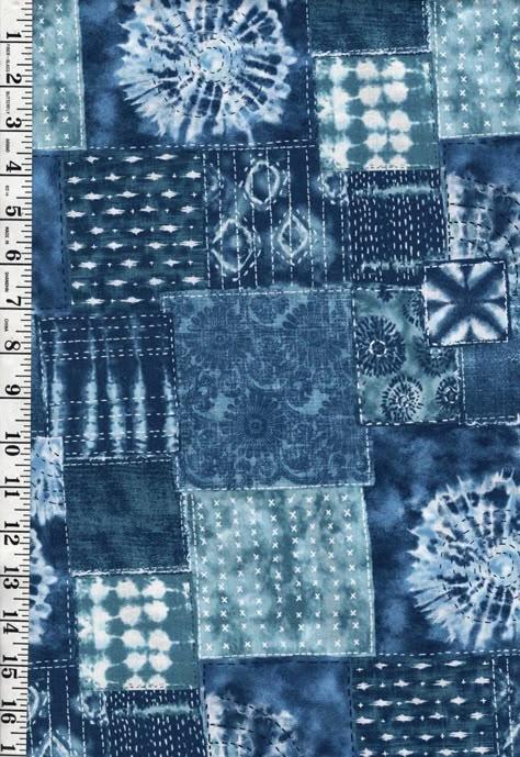 Imported from Senyo of Japan, this print features a shibori tie-dye look, boro collage, with various sashiko designs.  Enjoy the print as-is or add some of your own sashiko stitching.    100% cotton fabric.  Sold by the half yard - 18" x 43/ 44" wide (wof).    Order more than one and it will be sent as a continuous piece. We cut from the bolt so additional fabric may be available. Please contact me if you are interested in additional yardage.    All monitors show colors differently, so please co Shibori Aesthetic, Boro Quilt, Sashiko Designs, Stitched Shibori, Denim Tie Dye, Shibori Textiles, Boro Sashiko, Tie Dye Patterns Diy, Boho Quotes