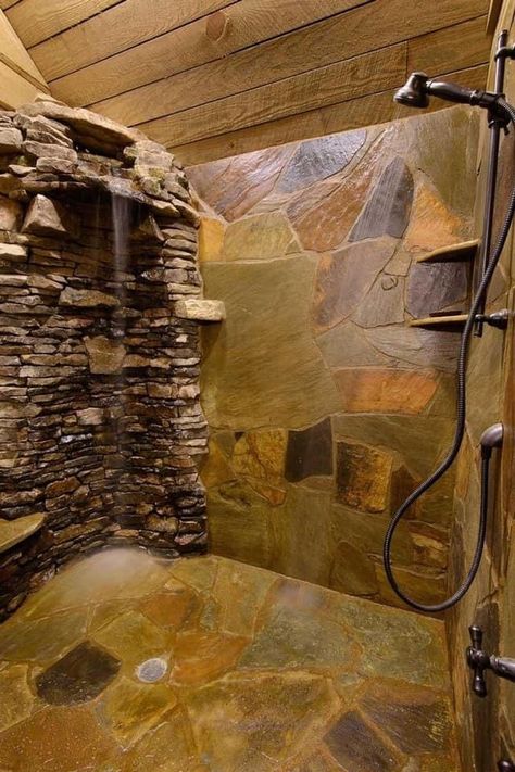 Rustic Bathroom Shower, Rock Shower, Shower Area, Dream Shower, Rustic Shower, Stone Shower, Cabin Bathrooms, Rustic Bathroom Designs, Rustic Bathrooms