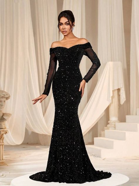 Faeriesty Off Shoulder Long Sleeve Sequin Mermaid Hem Formal Party Long Evening Gown Glittery Dress | SHEIN USA Black Prom Gown Long Sleeve, Black Prom Dress With Long Sleeves, Black Formal Dress Long Classy Sequin, Sequin Dress Formal, Black Dress Formal Long Sleeve, Glittery Black Formal Dress, Prom Sleeve Dress, Long Sleeve Matric Dance Dresses, Winter Gala Dress Long Sleeve