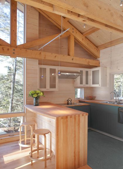 wooden house kitchen design White Wash Wood Floors, Small Cabin Kitchens, White Washed Pine, Beach Style Kitchen, Outdoor Kitchen Countertops, Pine Kitchen, Pine Walls, Rustic Flooring, Glass Front Cabinets