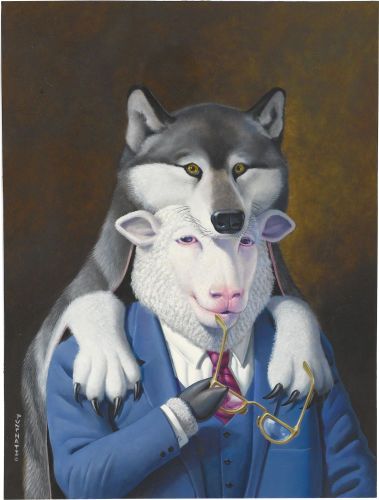 Mainstream Illustration, DON IVAN PUNCHATZ (American b. 1936). Sheep in Wolf'sClothing. Mixed-media on board. 15 x 11 in.. Signed lower left.... Wolf Clothing, Raven And Wolf, Charles Spurgeon, Jesus Pictures, Concert Posters, Abstract Wallpaper, Music Poster, New Art, Sheep