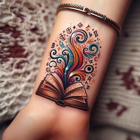 Watering Self Tattoo, Reading Book Tattoo Ideas, Book Hand Tattoo, Cup Overflowing Tattoo, Book Forearm Tattoo, Butterfly And Book Tattoo, Book Wrist Tattoo, Witches Tattoo Ideas, Color Book Tattoo