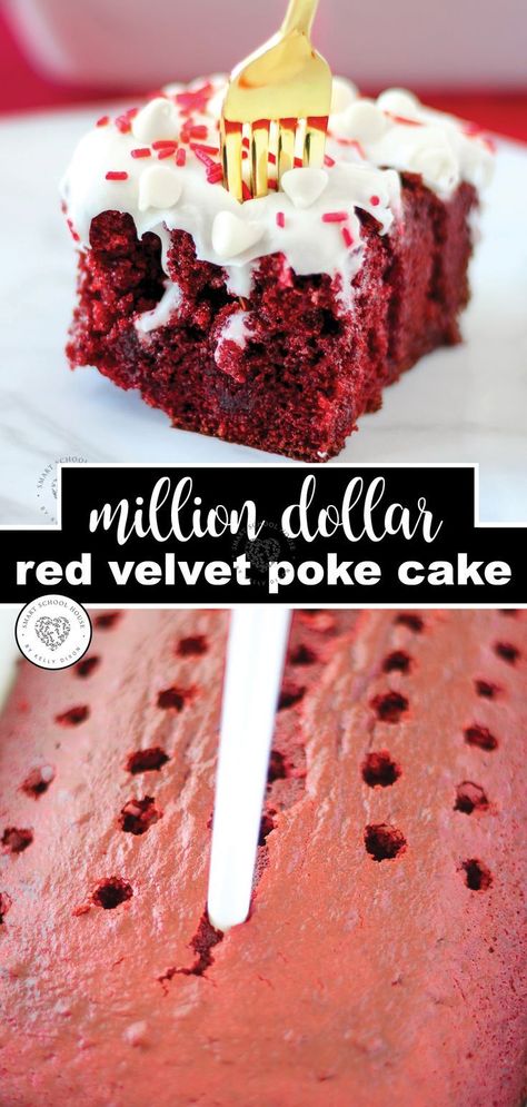 Are you looking for a delicious cake recipe. Look no further! This million dollar red velvet poke cake is so wonderfully moist and so delicious. Find out how to make this moist cake and give your family a special treat for dessert tonight. #redvelvetcake #moist #pokecake #dessert #cakerecipe #frosting #smartschoolhouse Red Velvet Poke Cake, Velvet Cake Recipes, Poke Cake Recipes, Moist Cake, Poke Cakes, Delicious Cake Recipes, Poke Cake, Delicious Cake, Cake Cover