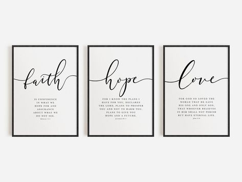 Above couch wall art for modern christian living room decor. This Faith Hope Love scripture set of 3 prints will fill up any large wall especially in a blank space such as above your tv or fireplace. Designed exclusively by Divine Digital Prints and features a simplistic and modern font of NIV bible quotes Hebrews 11, Jeremiah 29 and John 316. Living Room Above Couch, Above Tv Decor, Art Work For Living Room, Christian Art Work, Above Couch Wall Decor, John 316, Couch Wall Decor, Couch Wall, Wall Art Above Bed