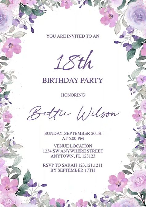 18th Birthday Invitation Templates, 18th Birthday Invitations, 18th Birthday Invitation, Online Invitation, Birthday Cake Topper Printable, Invitation Maker, Adult Birthday Invitations, Purple Themes, 18th Birthday Party