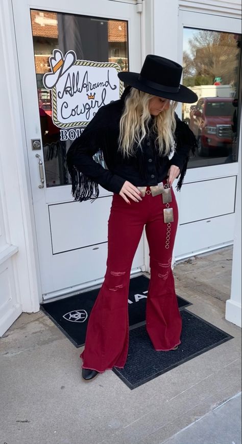 Red Fringe Jacket Outfit, Red Bell Bottoms Outfit, Maroon Jeans Outfit, Red Bell Bottoms, Fringe Jacket Outfit, Collage Clothes, Flares Outfit, Cowgirl Boutique, Bell Bottoms Outfit