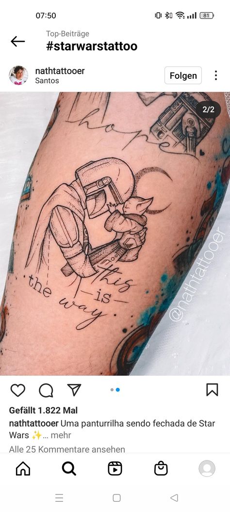 Small Mandalorian Tattoo, Mandalorian And Grogu Tattoo, Grogu And Mando Tattoo, Father Daughter Star Wars Tattoos, Din Djarin Tattoo, Mando And Grogu Tattoo, Star Wars Small Tattoo Ideas, Star Wars Watercolor Tattoo, Star Wars Tattoo Mandalorian