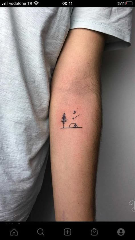 Cute Nature Tattoos Simple, Nature Inspired Minimalist Tattoos, Nature Tattoos Small Simple, Night Sky Tattoo Minimalist, Out Of The Box Tattoo Ideas, Outdoor Lover Tattoo, Small Nature Tattoos Men, Mountain Camping Tattoo, Small Hiking Tattoo