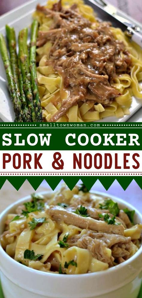 SLOW COOKER PORK AND NOODLES, slow cooker recipes, crocktober fest Stew Meat And Noodles, Amish Egg Noodles, Pork And Noodles, Pork Stew Meat Recipes, Pork Stew Meat, Pork Bites, Pork Crockpot Recipes, Slow Cooker Recipes Pork, Slow Cooker Pork Tenderloin