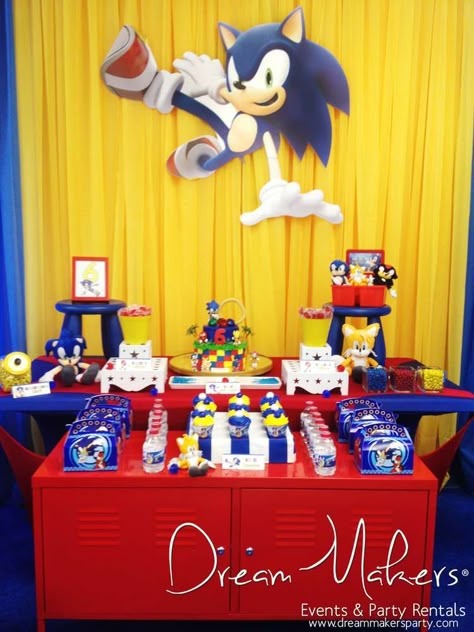 Red, blue and yellow treats at a Sonic birthday party!  See more party planning ideas at CatchMyParty.com! Sonic Background Birthday, Sonic Backdrop Ideas, Yellow Treats, Hedgehog Decorations, Sonic Birthday Party Ideas, Sonic Birthday Party, Sonic Birthday Cake, Sonic Birthday Parties, Sonic Party