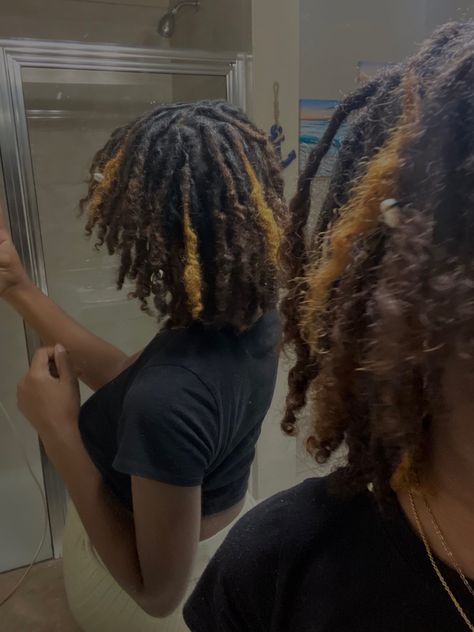 Black And Ginger Locs, Locs Hairstyles Dyed, Dyed Hair Locs, Dread Dye Ideas, 60 Locs Count, Skunk Stripe Dreads, 4c Starter Locs, Ponytail Loc Styles, Loc Parts