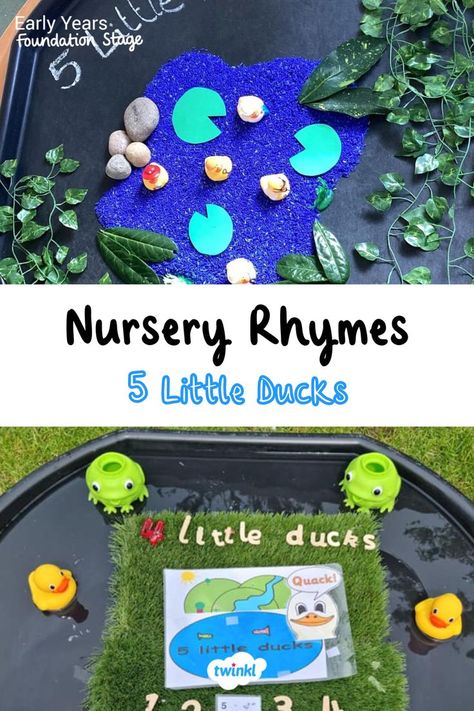 Recreate your favourite nursery rhymes with these fun tuff tray inspirations. 5 little ducks activities for children. 5 little ducks activities eyfs. Special thanks to @lets.play.laugh.and.learn and Denny-lea Hopkins 5 Little Ducks Activities, Ducks Nursery, 5 Little Speckled Frogs, Nursery Rhyme Activities, 5 Little Ducks, Rhyme Activities, Five Little Ducks, Duck Nursery, Nursery Rhymes Activities