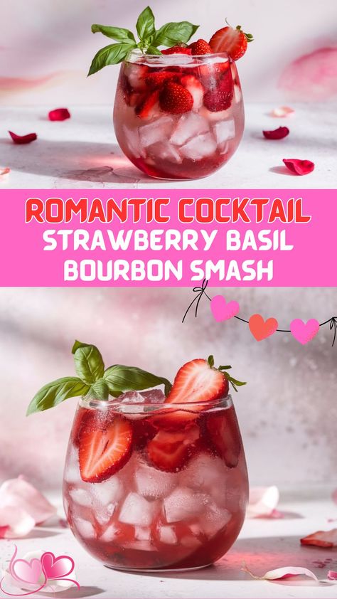 Sweet strawberries and fragrant basil meet the rich, bold notes of bourbon in this Strawberry Basil Bourbon Smash. The combination of fresh fruit, herbs, and a kick of whiskey makes this cocktail feel like a warm embrace—perfect for sharing with your Valentine. Strawberry Basil Smash Cocktails, Valentines Day Bourbon Cocktail, Strawberry Bourbon Cocktail, Strawberry Bourbon Smash, Easy Cocktail Recipe, Easy Mocktails, Romantic Cocktails, Whiskey Smash, Bourbon Smash