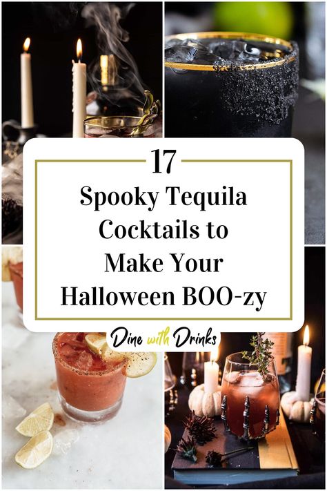 Collage of 4 spooky tequila cocktails. Spooky Drinks With Tequila, Halloween Themed Tequila Drinks, Halloween Cocktails With Tequila, Halloween Cocktails Recipes Tequila, Spooky Tequila Cocktails, Halloween Cocktail Tequila, Spooky Tequila Drinks, Tequila Halloween Cocktails, Halloween Tequila Cocktails