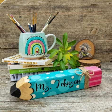 Teacher Name Plate, Groovy Theme, Teacher Name Plates, Handmade Teacher Gifts, Teacher Mugs, Painting Teacher, Appreciation Gifts Diy, Teacher Name Signs, Teacher Door