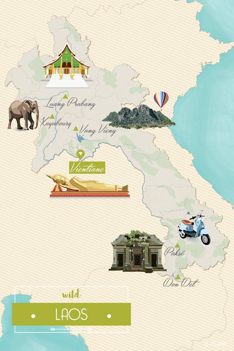 Illustration of Laos with some of the most popular and beautiful place to see in the country. Laos Art, Laos Map, Laos Country, Laos Culture, Thai Land, Petticoat Pattern, Pakse, Laos Travel, Asia Map