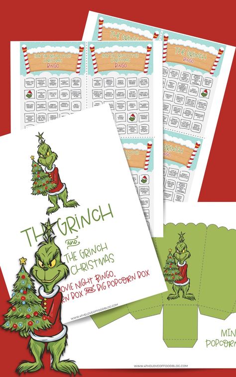 Grinch Bingo Free Printable, Grinch Printables Free, Christmas Movie Bingo, Grinch Snack, Grinch Popcorn, Movie Bingo, Elf Shenanigans, Holiday Movie Night, Printable Bingo Games