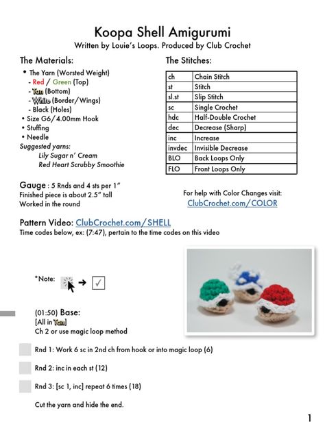 Koopa Shell Amigurumi: The Materials: - The Stitches | Download Free PDF | Crochet | Figured Fabrics Shell Crochet Pattern Free, Shell Amigurumi, Shell Crochet Pattern, Koopa Shell, Shell Crochet, Mario Video Game, Crochet Size, Crochet Things, Shell Pattern