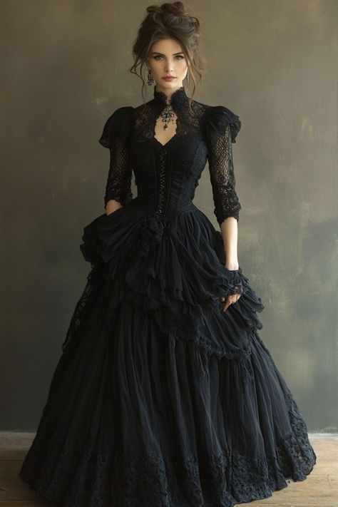 Goth Ball Gown, Vampire Dresses, Gothic Ball Gown, Black Victorian Dress, Gown Aesthetic, Vampire Victorian, Black Wedding Dress Gothic, Gothic Gowns, Era Victoria