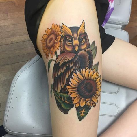 Owl Tattoos For Women, Owl Tattoo For Women, Sunflowers Tattoos, Owl Thigh Tattoos, Owl Eye Tattoo, Mens Owl Tattoo, Sunflower Tattoo Meaning, Tattoos For Females, Wild Tattoo