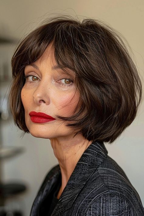 Classy Bob Haircuts for Older Women Trending in 2024 Classic Womens Haircuts, 40s Bob Haircut, Short Bob Glasses, Modern Diana Haircut, Short Red Bob Hair, Lob Hairstyles 2024, Short Hairstyle Women 2024 Trends, Grey Hair Bangs, Mid Bob Haircut