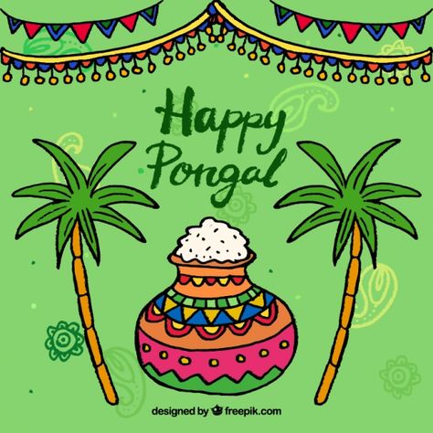 Hand-drawn pongal background with colorful pot Free Vector Pongal Painting Ideas, Pongal Images Pictures, Pongal Pot Drawing, Pongal Pictures, Pongal Festival Drawing, Pongal Craft, Pongal Designs, Pongal Drawing, Pongal Background