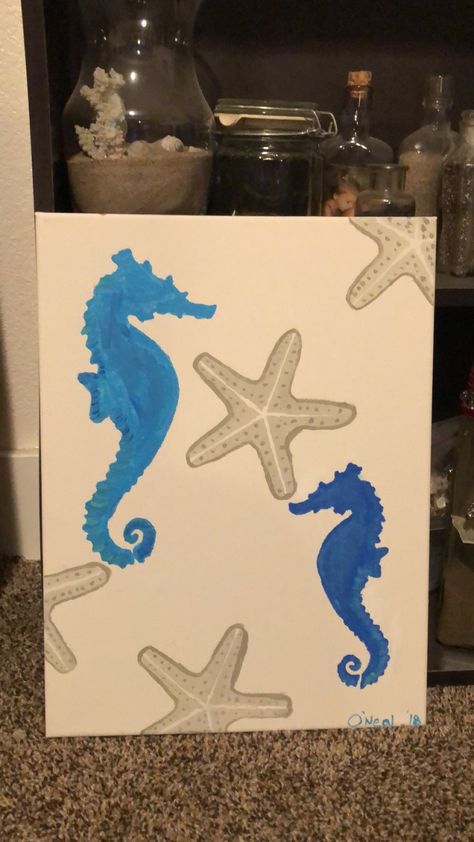 Seahorse starfish painting Sea Canvas Painting Easy, Sea Horse Painting, Seahorse Painting, Starfish Painting, Beach Canvas Paintings, Beach Paintings, Easy Doodles, Doodles Drawings, Resin Jewelry Diy