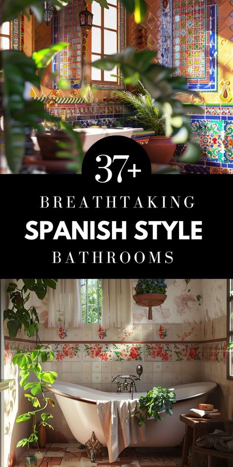 Discover how to blend modern design with Mediterranean interior aesthetics in Spanish style bathrooms. Explore ideas featuring rustic Mexican decor, vibrant tiles, and elegant vanities to transform your space into a serene retreat. Perfect for both small apartments and glamorous living rooms. Save this pin to your Mediterranean Bathroom Ideas board and visit the article for more inspiration. Modern Spanish Tile Bathroom, Latin Bathroom Ideas, Spanish Themed Bathroom, Mexican Sinks Bathroom, Spanish Modern Powder Room, Spanish Walk In Shower Ideas, Spanish Style Bathroom Tile, Mexican Hacienda Bathrooms, Spanish Style Shower Ideas