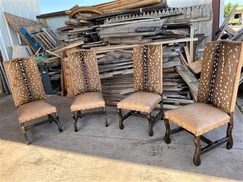 Axis Deer Hide, Axis Deer, Cowhide Furniture, Deer Hide, Deer Decor, Western Furniture, Mountain Home, Leather Dining, Leather Dining Chairs