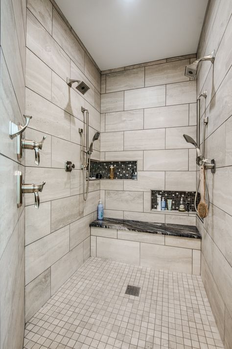 Bathroom With Double Shower Heads, Small Shower With Two Shower Heads, Walk In Shower 2 Shower Heads, Large Shower Two Shower Heads, Walk In Shower Ideas With 2 Shower Heads, Double Head Shower With Bench, Showers With Dual Heads, Walk In Shower Floor Plan, Two Head Shower Ideas